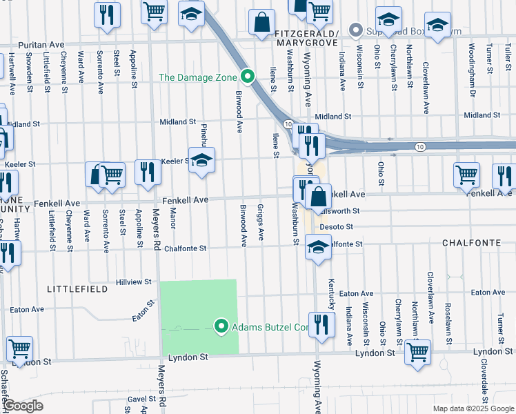 map of restaurants, bars, coffee shops, grocery stores, and more near 15125 Griggs Street in Detroit