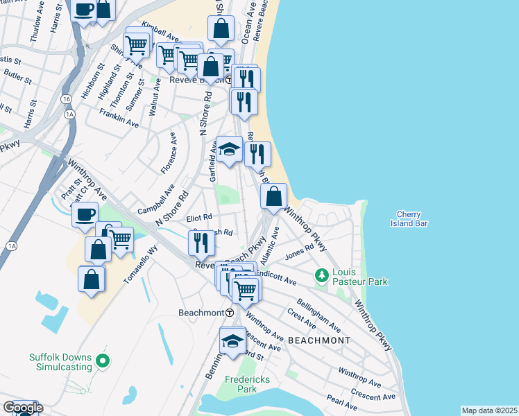 map of restaurants, bars, coffee shops, grocery stores, and more near 10 Ocean Avenue in Revere
