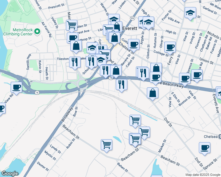 map of restaurants, bars, coffee shops, grocery stores, and more near 86 Lewis Street in Everett