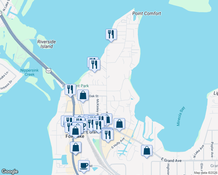 map of restaurants, bars, coffee shops, grocery stores, and more near 76 White Oaks Road in Fox Lake