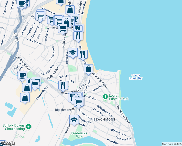 map of restaurants, bars, coffee shops, grocery stores, and more near 1 Winthrop Parkway in Revere
