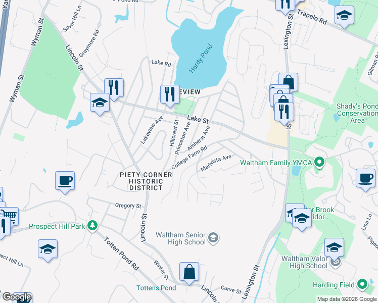 map of restaurants, bars, coffee shops, grocery stores, and more near 128 Amherst Avenue in Waltham