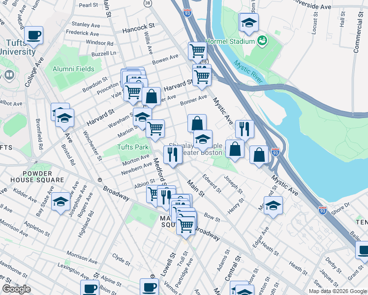 map of restaurants, bars, coffee shops, grocery stores, and more near 254 Willis Avenue in Medford