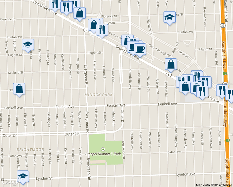 map of restaurants, bars, coffee shops, grocery stores, and more near 15380 Minock St in Detroit