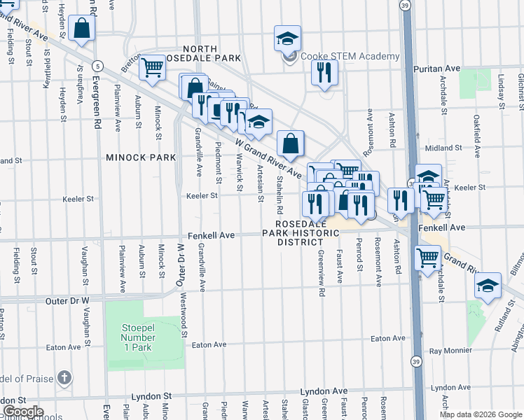 map of restaurants, bars, coffee shops, grocery stores, and more near 15344 Artesian Street in Detroit