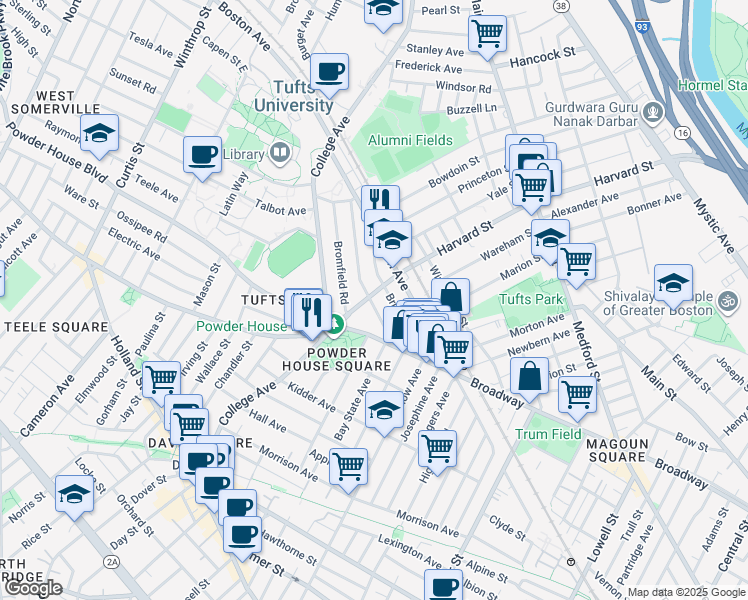 map of restaurants, bars, coffee shops, grocery stores, and more near 37 Warner Street in Somerville