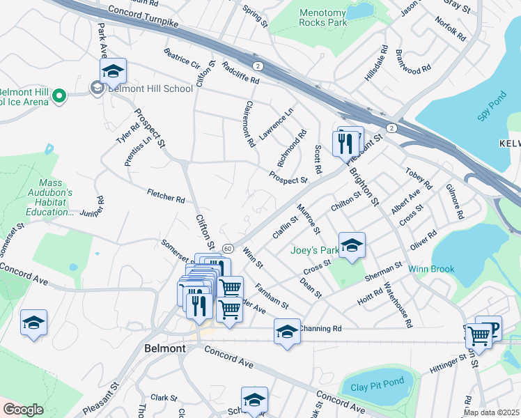 map of restaurants, bars, coffee shops, grocery stores, and more near 15 Barbara Road in Belmont
