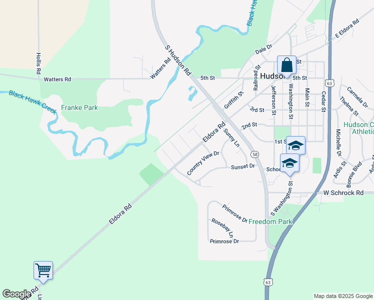 map of restaurants, bars, coffee shops, grocery stores, and more near 603 Eldora Road in Hudson