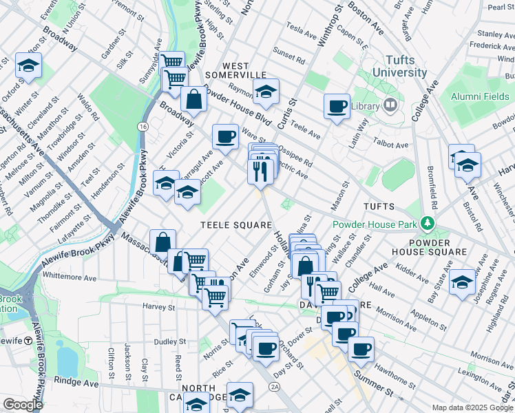 map of restaurants, bars, coffee shops, grocery stores, and more near 10 Moore Street in Somerville