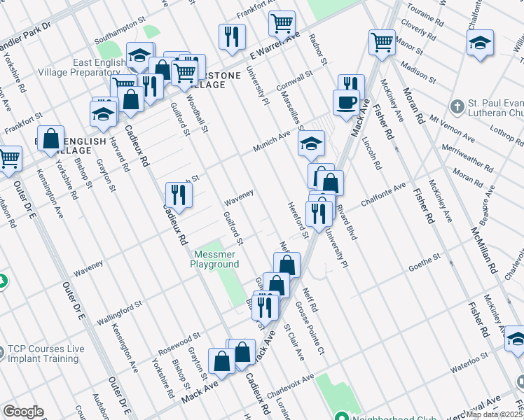 map of restaurants, bars, coffee shops, grocery stores, and more near 4227 Neff Avenue in Detroit