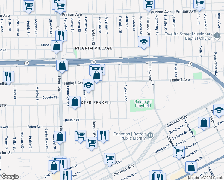 map of restaurants, bars, coffee shops, grocery stores, and more near 15086 Muirland Street in Detroit