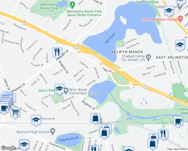 map of restaurants, bars, coffee shops, grocery stores, and more near 20 Little Pond Road in Belmont