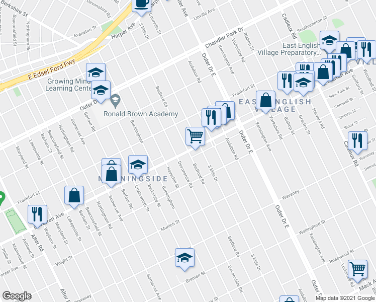 map of restaurants, bars, coffee shops, grocery stores, and more near Warren Ave E & Bedford Rd in Detroit