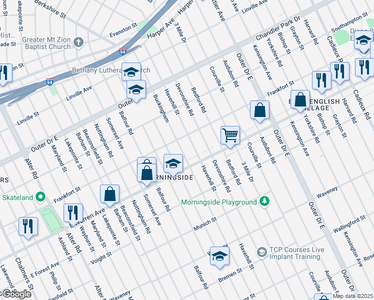 map of restaurants, bars, coffee shops, grocery stores, and more near 5066 Buckingham in Detroit