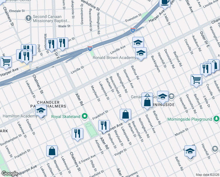 map of restaurants, bars, coffee shops, grocery stores, and more near 5519 Barham Street in Detroit