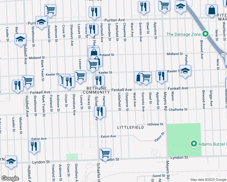map of restaurants, bars, coffee shops, grocery stores, and more near 13339 Fenkell Avenue in Detroit