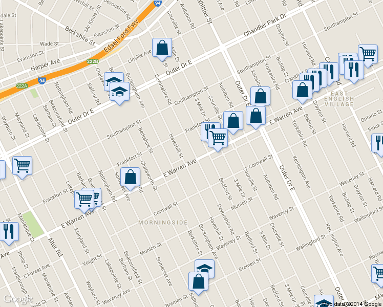map of restaurants, bars, coffee shops, grocery stores, and more near 5027 Devonshire Road in Detroit
