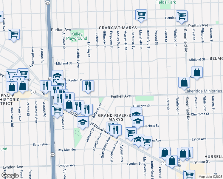 map of restaurants, bars, coffee shops, grocery stores, and more near 15331 Ferguson Street in Detroit