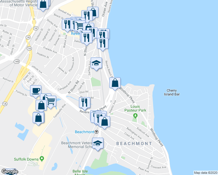 map of restaurants, bars, coffee shops, grocery stores, and more near 10 Ocean Avenue in Revere