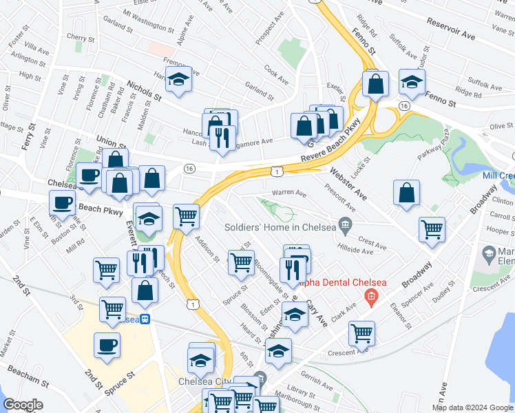 map of restaurants, bars, coffee shops, grocery stores, and more near 146 Franklin Avenue in Chelsea