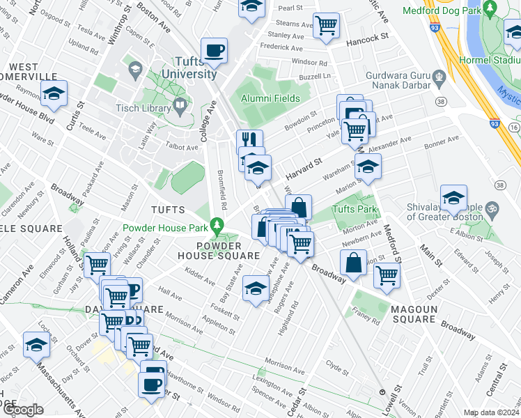 map of restaurants, bars, coffee shops, grocery stores, and more near 601 Boston Avenue in Medford