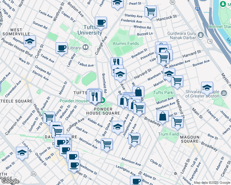 map of restaurants, bars, coffee shops, grocery stores, and more near 37 Warner Street in Somerville
