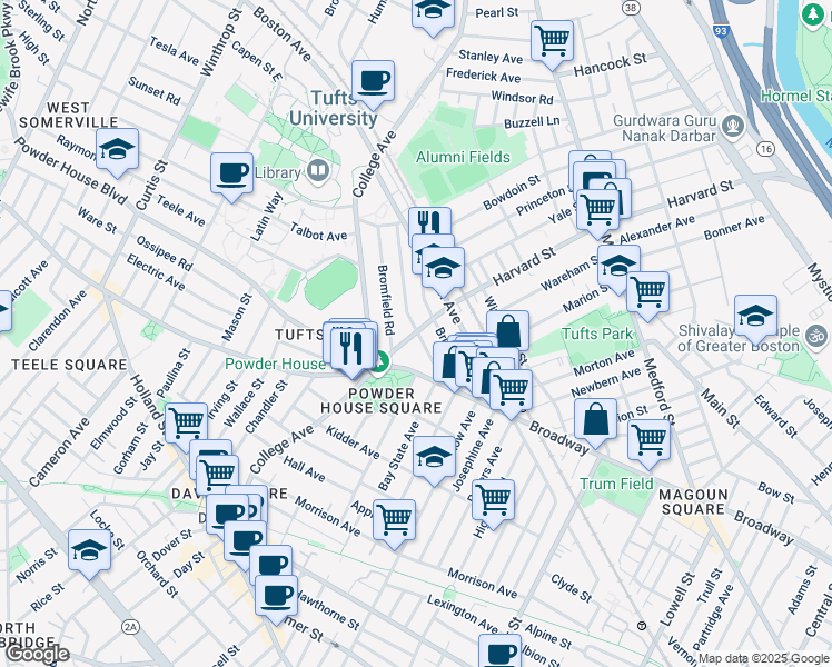 map of restaurants, bars, coffee shops, grocery stores, and more near 37 Warner Street in Somerville