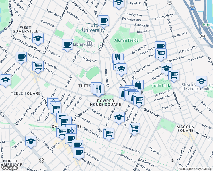 map of restaurants, bars, coffee shops, grocery stores, and more near 153 College Avenue in Somerville
