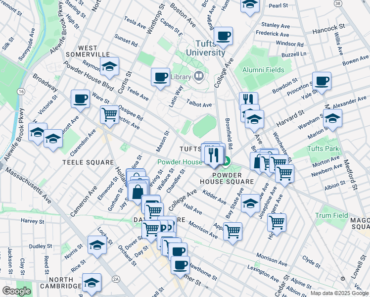 map of restaurants, bars, coffee shops, grocery stores, and more near 42 Powder House Boulevard in Somerville