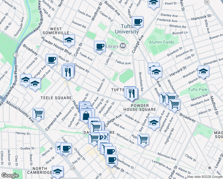 map of restaurants, bars, coffee shops, grocery stores, and more near 27 Burnham Street in Somerville