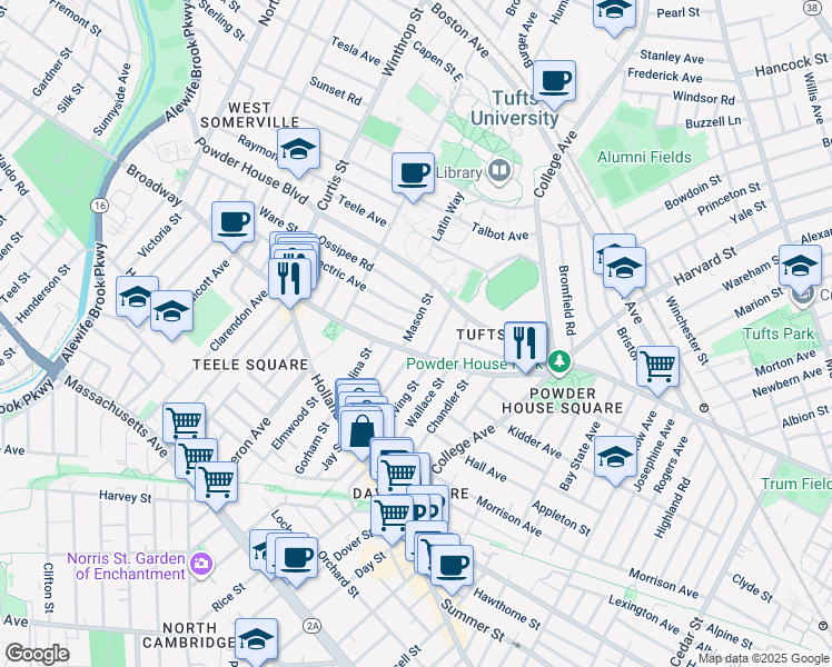map of restaurants, bars, coffee shops, grocery stores, and more near 2 Whitman Street in Somerville
