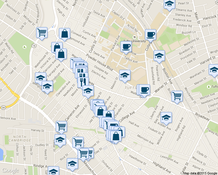 map of restaurants, bars, coffee shops, grocery stores, and more near 2 Whitman Street in Somerville
