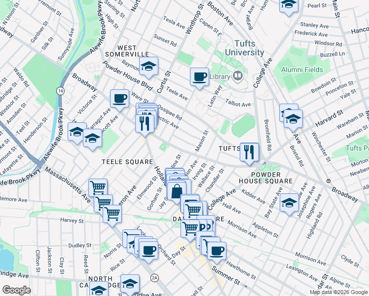 map of restaurants, bars, coffee shops, grocery stores, and more near 1043 Broadway in Somerville