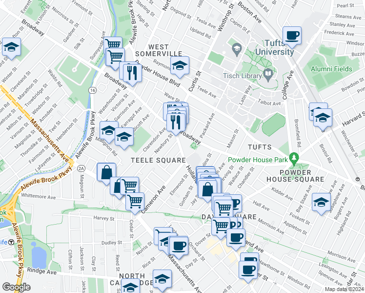 map of restaurants, bars, coffee shops, grocery stores, and more near 12 Moore Street in Somerville