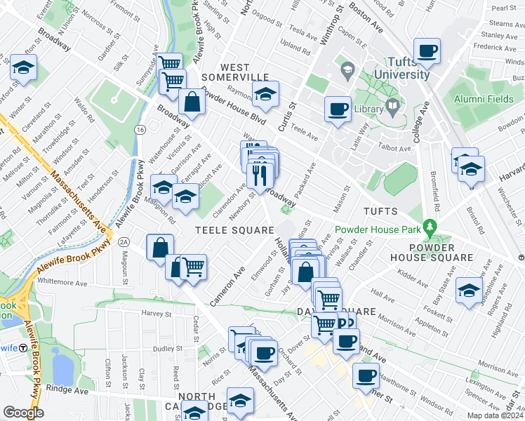 map of restaurants, bars, coffee shops, grocery stores, and more near 12 Moore Street in Somerville
