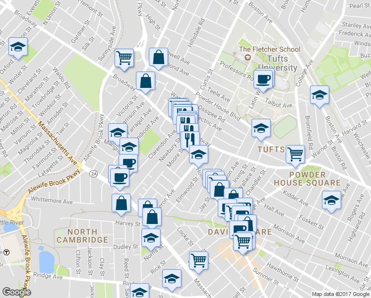 map of restaurants, bars, coffee shops, grocery stores, and more near 12 Moore Street in Somerville
