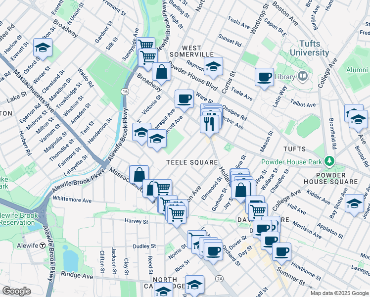 map of restaurants, bars, coffee shops, grocery stores, and more near 35 Newbury Street in Somerville