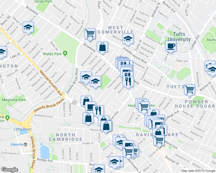 map of restaurants, bars, coffee shops, grocery stores, and more near 65 Clarendon Avenue in Somerville