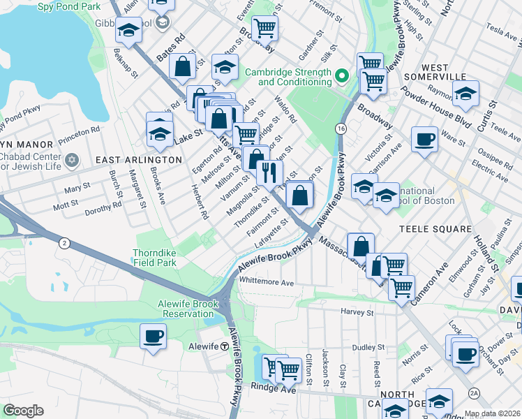 map of restaurants, bars, coffee shops, grocery stores, and more near 14-16 Thorndike Street in Arlington