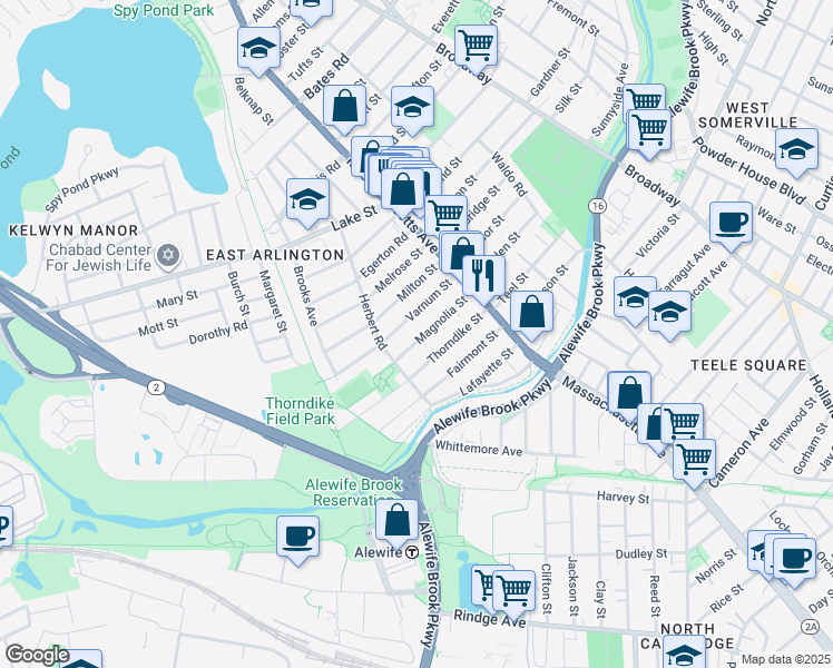 map of restaurants, bars, coffee shops, grocery stores, and more near 64-66 Varnum Street in Arlington