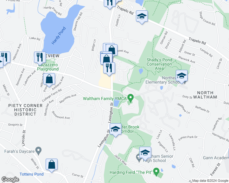map of restaurants, bars, coffee shops, grocery stores, and more near 35 Bishops Forest Drive in Waltham