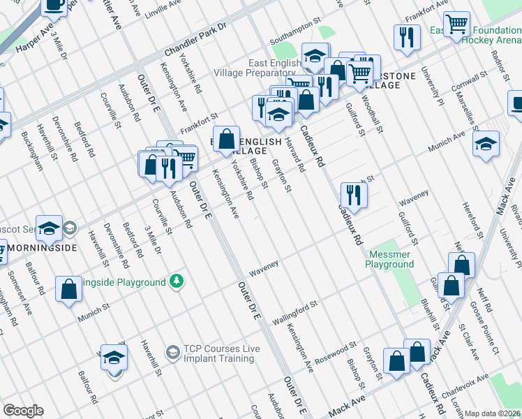 map of restaurants, bars, coffee shops, grocery stores, and more near 4470 Yorkshire Road in Detroit