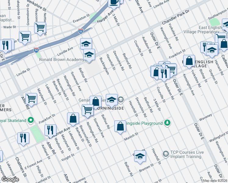 map of restaurants, bars, coffee shops, grocery stores, and more near 5098 Berkshire Street in Detroit