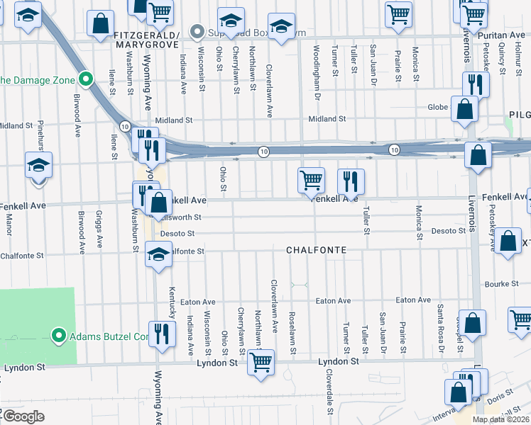map of restaurants, bars, coffee shops, grocery stores, and more near 8240 Ellsworth Street in Detroit