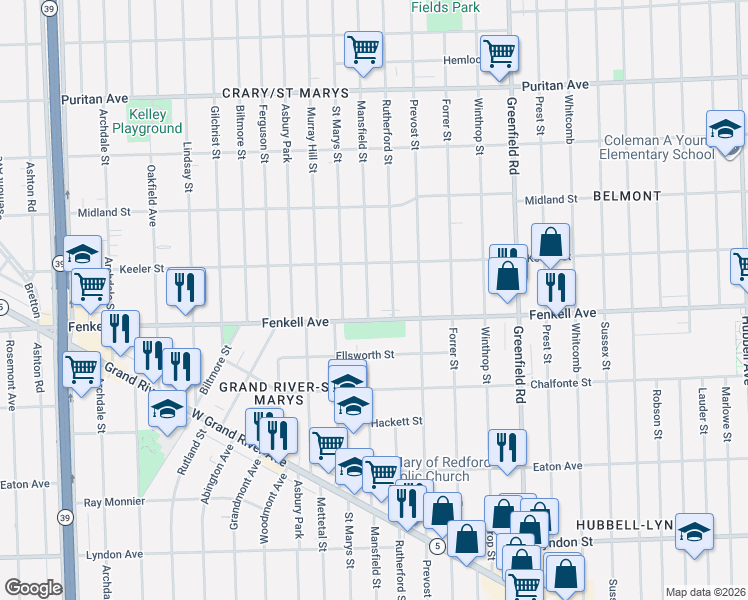 map of restaurants, bars, coffee shops, grocery stores, and more near 15326 Mansfield Street in Detroit