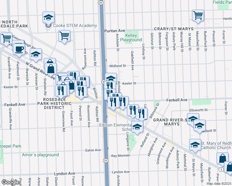 map of restaurants, bars, coffee shops, grocery stores, and more near 15321 Archdale Street in Detroit