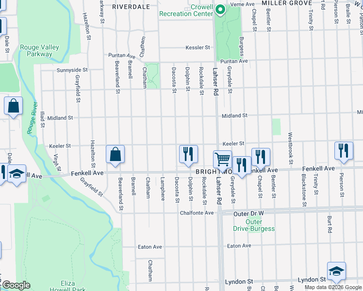 map of restaurants, bars, coffee shops, grocery stores, and more near 15376 Dacosta Street in Detroit