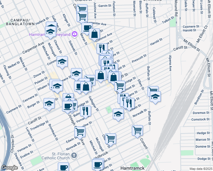map of restaurants, bars, coffee shops, grocery stores, and more near 3568 Caniff Street in Hamtramck