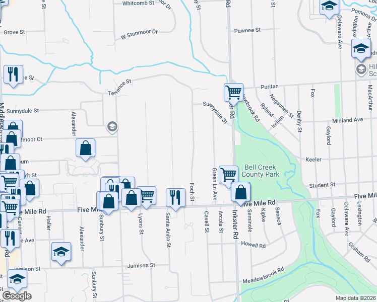 map of restaurants, bars, coffee shops, grocery stores, and more near 15657 Foch Street in Livonia