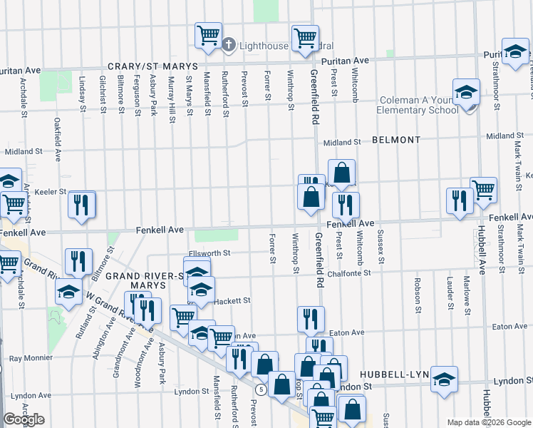 map of restaurants, bars, coffee shops, grocery stores, and more near 15323 Forrer Street in Detroit